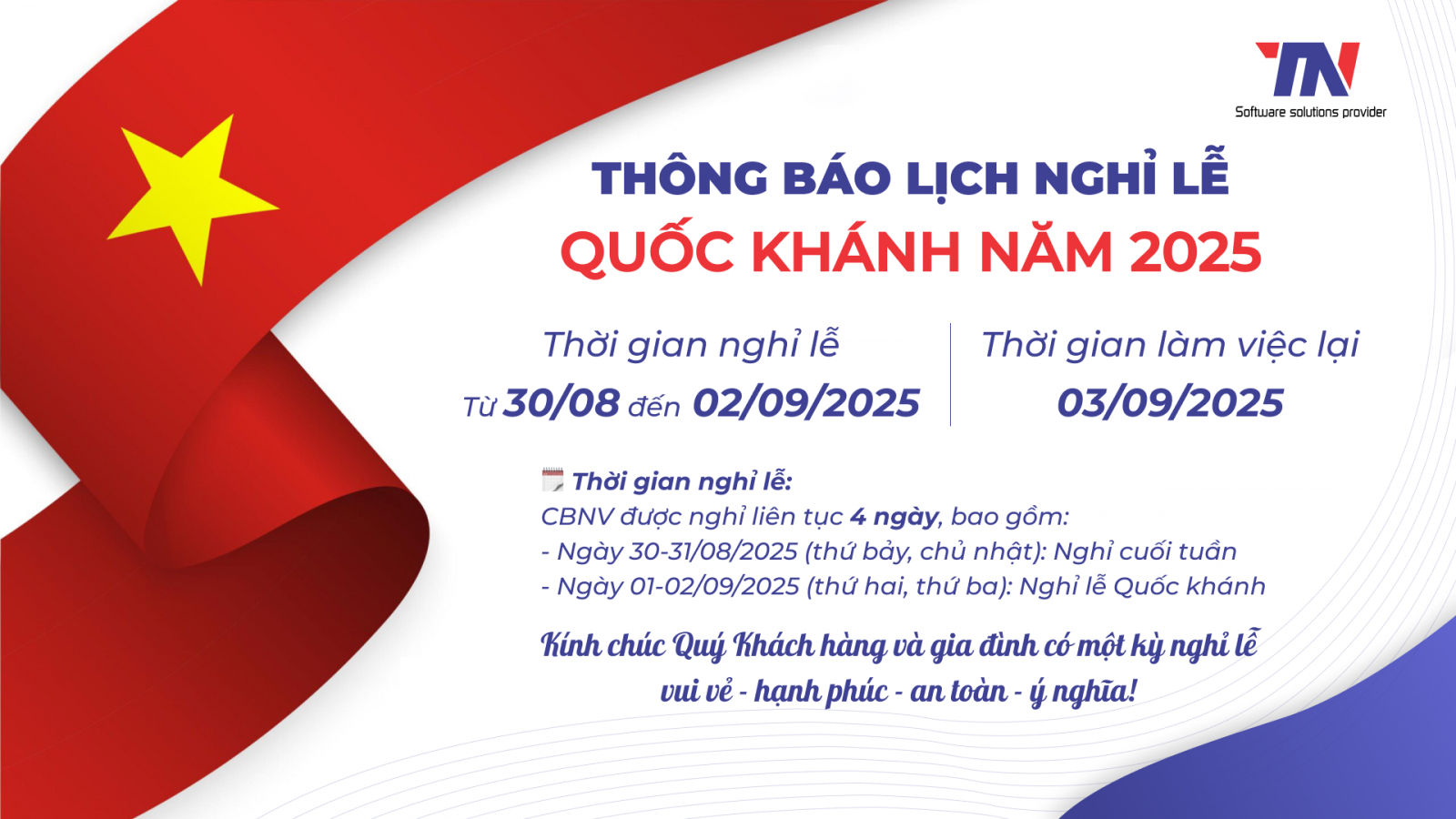 THÔNG BÁO LỊCH NGHỈ LỄ QUỐC KHÁNH 02/09